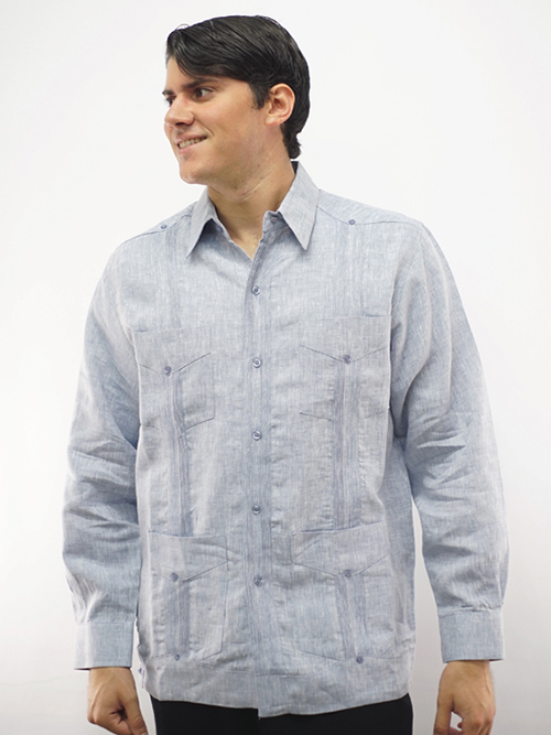 D'Accord Men's Long Sleeve Guayabera Blue Premium Linen 2447 ...