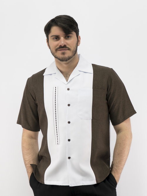 Men's Cuban Shirt Cuban Collar Casual Retro Shirt Brown White 5031 SOLD