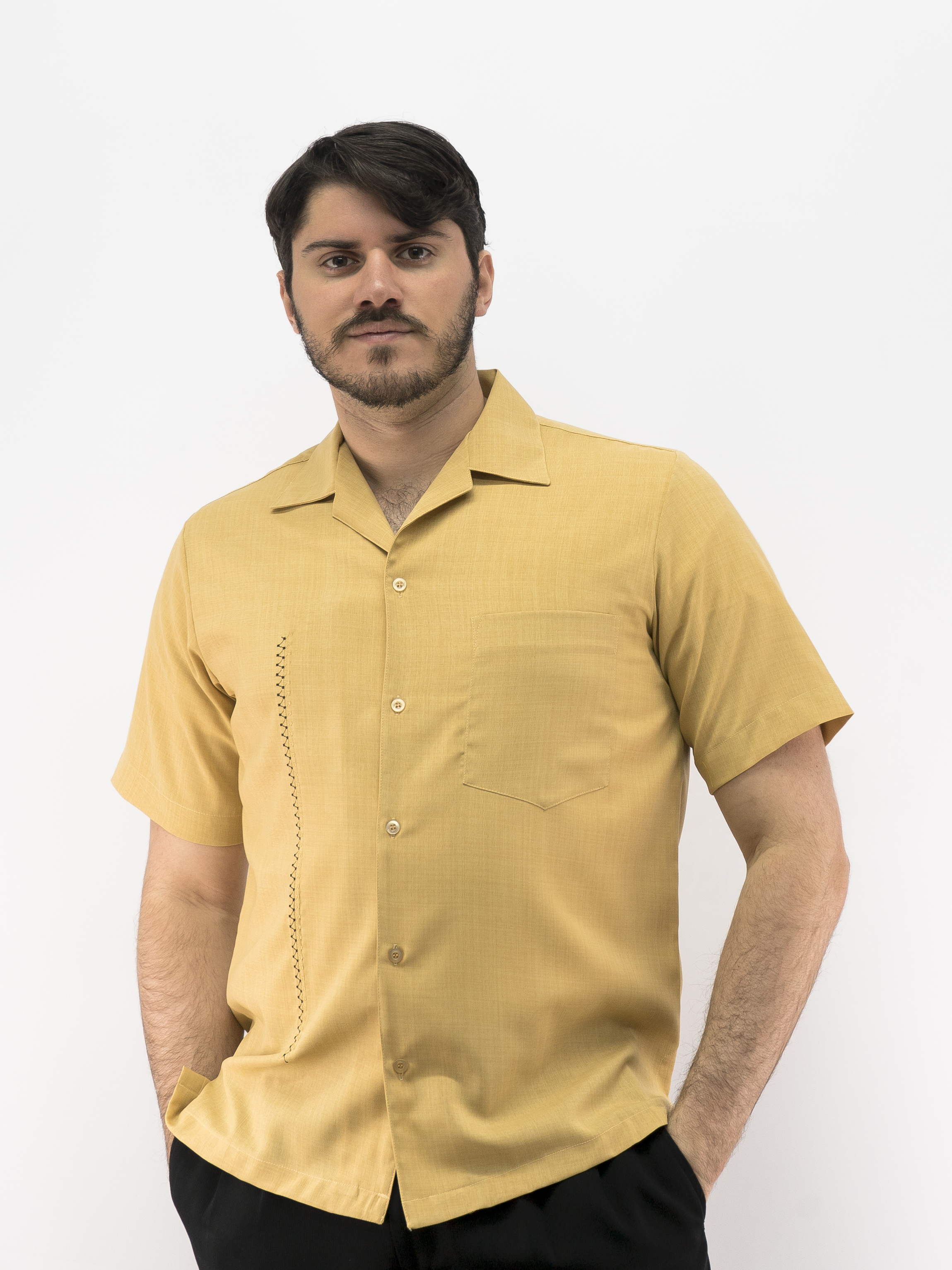 D'Accord Casual Short Sleeve Shirt Gold Micro Fiber Embroidered 5974
