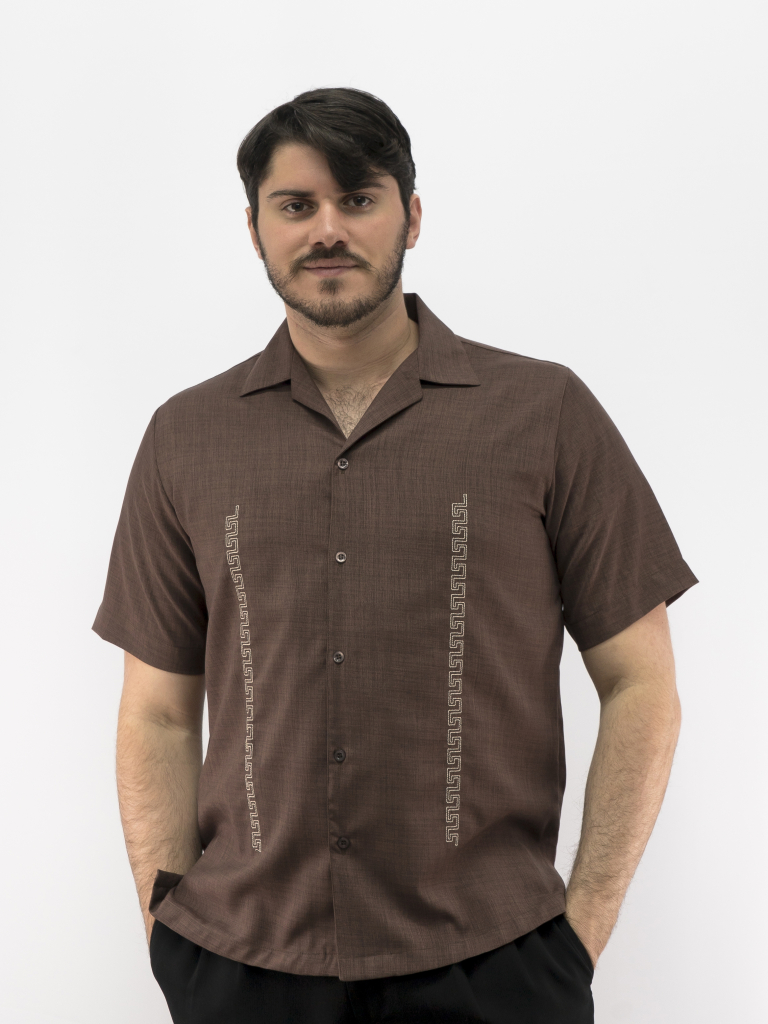 Men's Cuban Retro Shirt Brown Linen Look Embroidered Shirt D'Accord ...