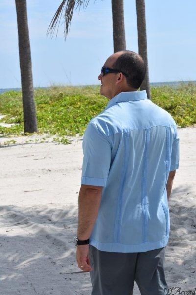 Classic Blue Cuban Guayabera in stock. Sizes Small through 4XL. Order now