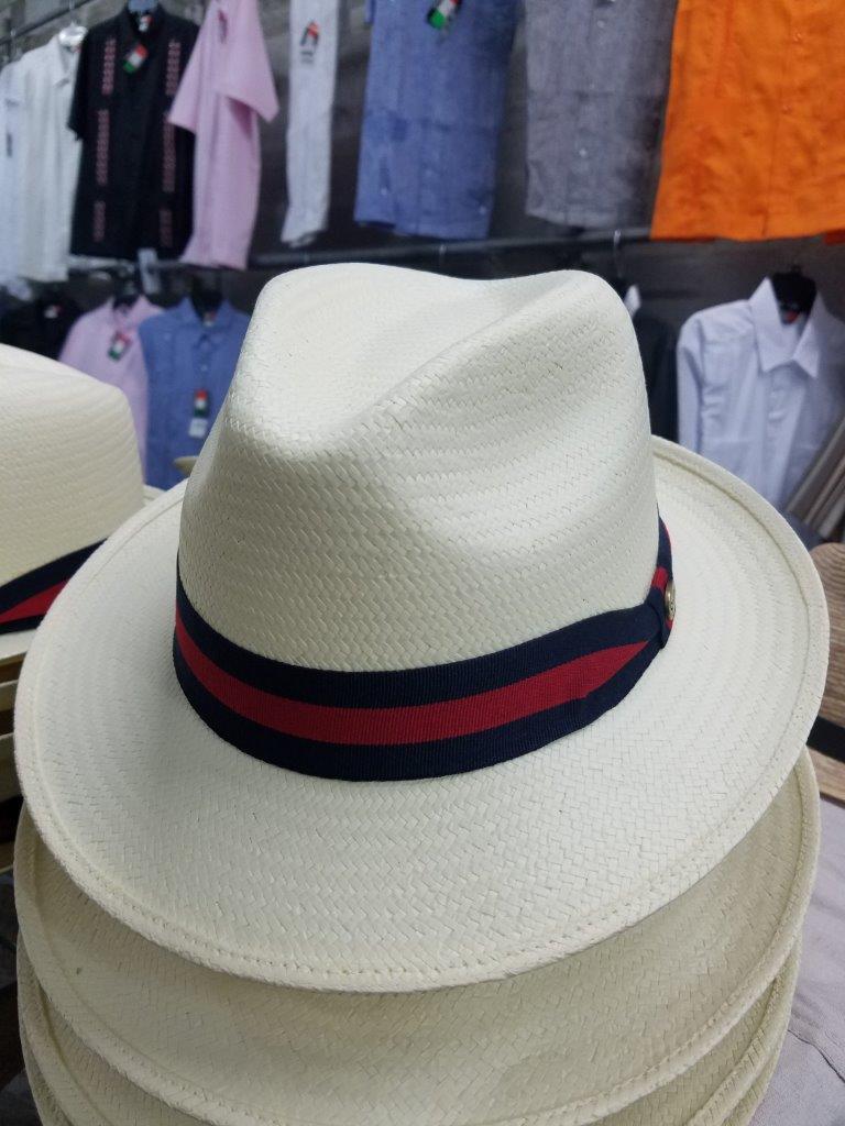 Men's Authentic Cuban Fedora Panama Hat Red Blue Stripe Band D