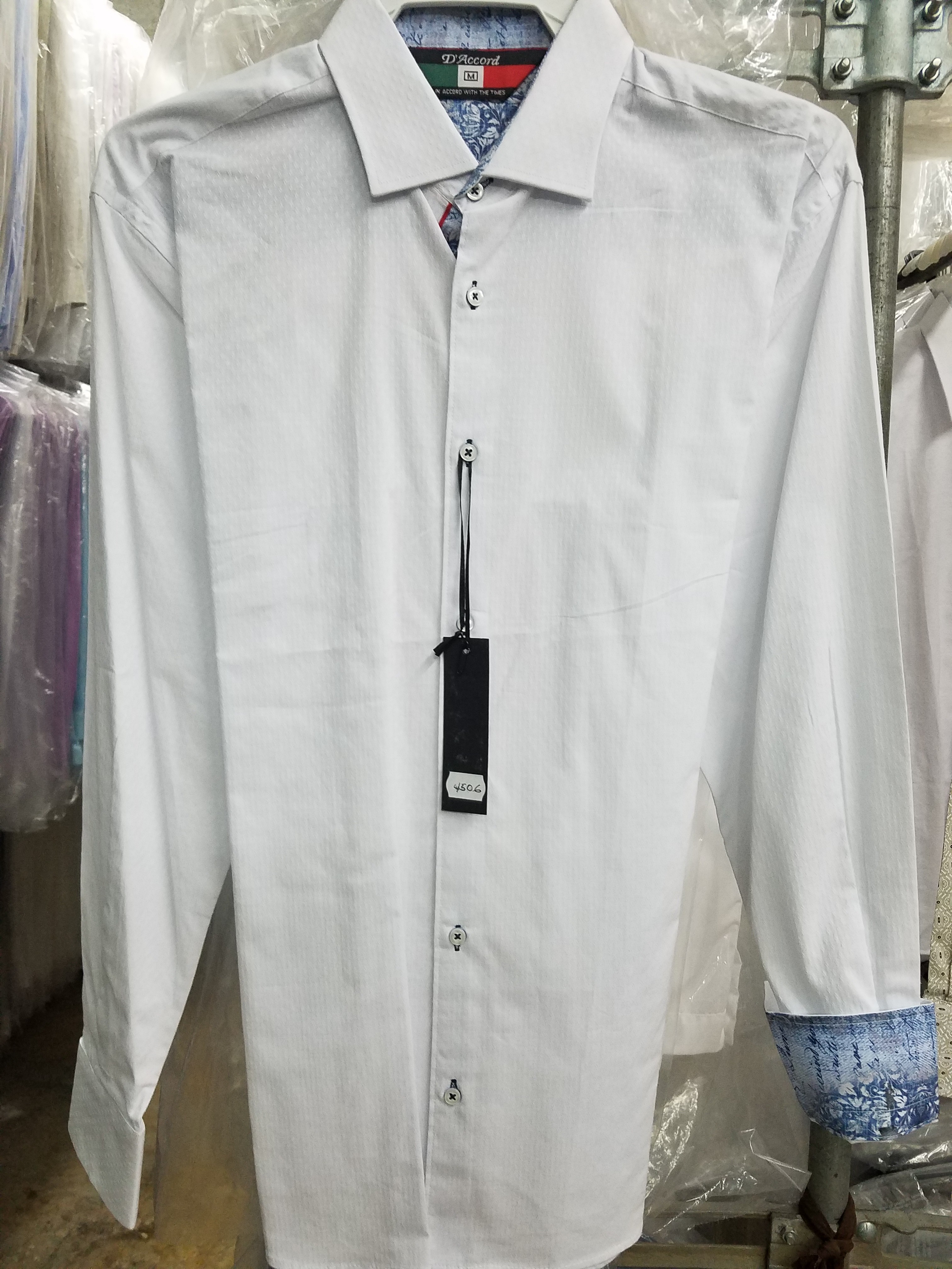 Men's Long Sleeve Dress Shirt White D'Accord Fine 100% Cotton 4506