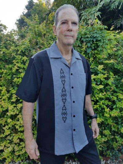 Men'S Cuban Collar Retro Shirt Black Grey Embroiderer 5878