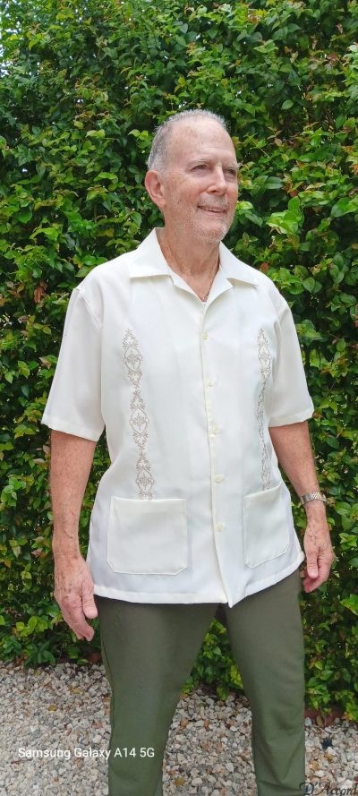 Men's American Guayabera Ivory/Tan Embroidery Made in USA D'Accord 2332