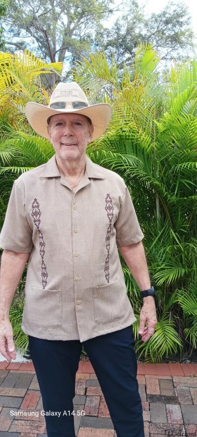 Men's American Guayabera Tan/Brown Embroidery Made in USA D'Accord 2332